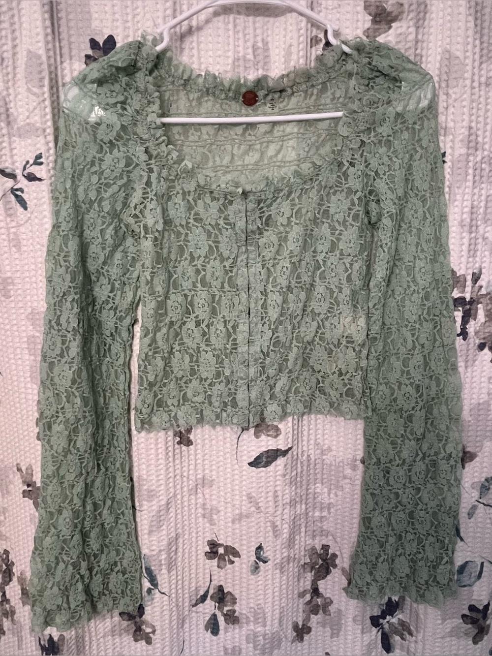 Free People FP One Madison Top . Lace Button-Front Crop Top in Mint Green